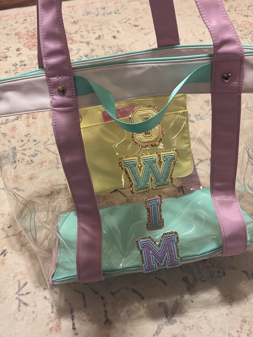 Stoney Clover- Clear Pastel Tote Bag with 'SWIM' Patch - Pink, Mint & Yellow!